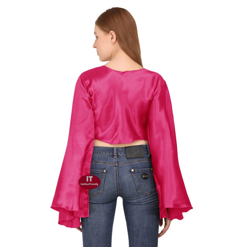 Indian Trendy Women's Satin Flair Wrap Tie Top Choli Blouse Belly Dance Gypsy - O - Deep Pink - Image 3